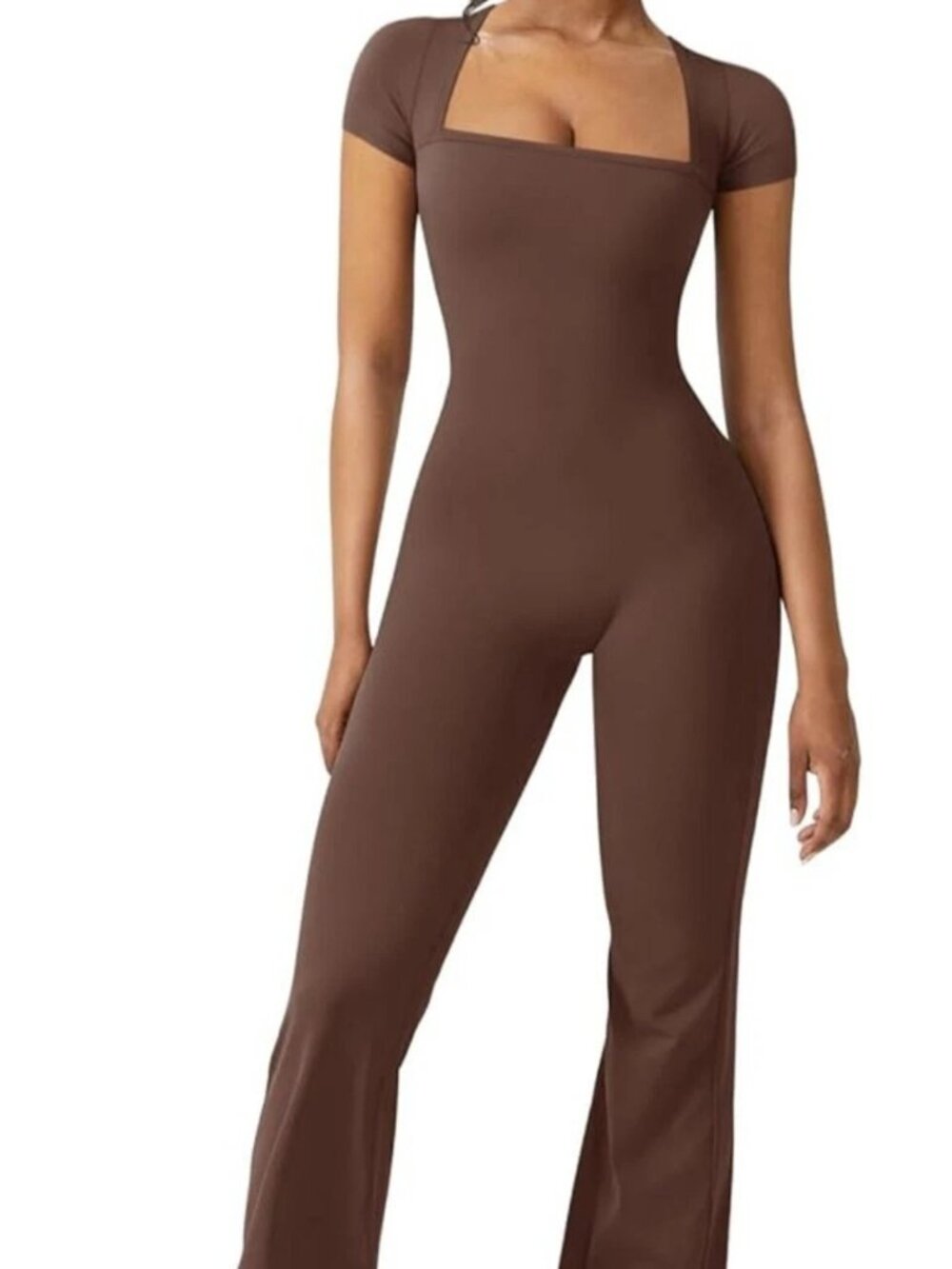NWT REORIA Women’s Square Neck Short Sleeve Bodycon Flare Jumpsuit  M Brown